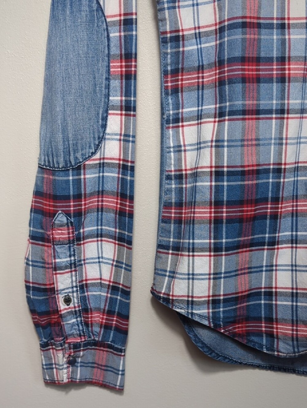 Zara Man‎ Slim Fit Plaid Button-Up Shirt Denim Red White Blue 4th of July SM/MED - Picture 6 of 16